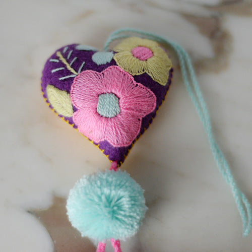 Heart - Small - Mexican Heart Embroidered Felt Ornament Decoration with Tassels - The Little Pueblo