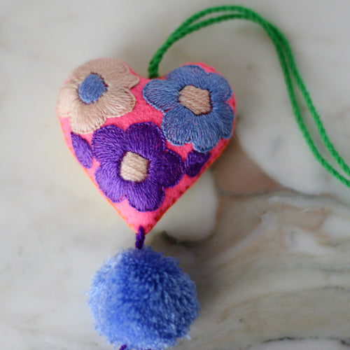 Heart - Small - Mexican Heart Embroidered Felt Ornament Decoration with Tassels - The Little Pueblo