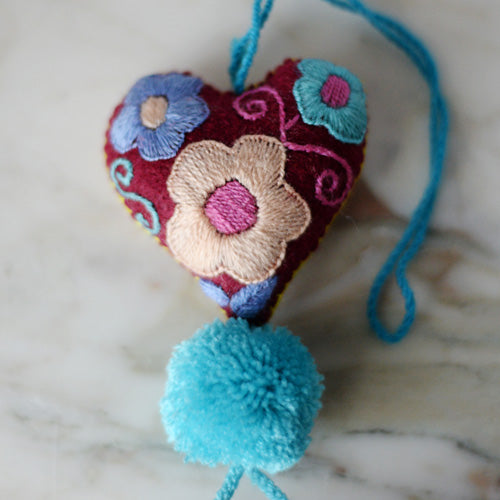 Heart - Small - Mexican Heart Embroidered Felt Ornament Decoration with Tassels - The Little Pueblo