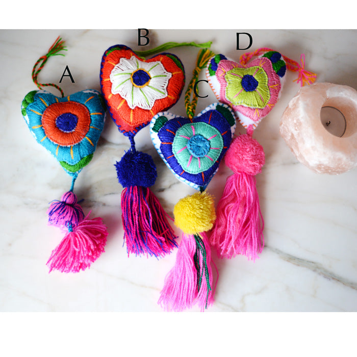 Heart - Large Mexican Ornament Felt Chiapas Handmade Flower Embroidered Colorful - The Little Pueblo