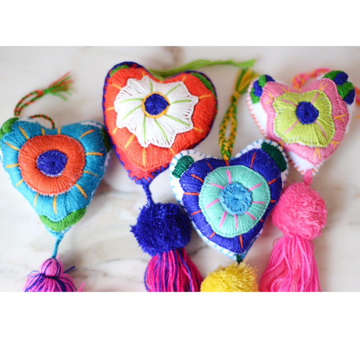 Heart - Large Mexican Ornament Felt Chiapas Handmade Flower Embroidered Colorful - The Little Pueblo