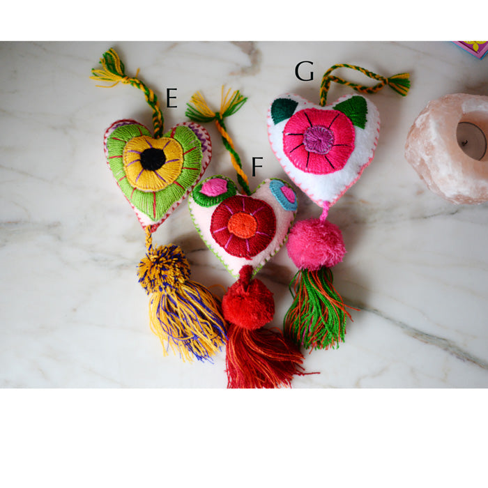 Heart - Large Mexican Ornament Felt Chiapas Handmade Flower Embroidered Colorful - The Little Pueblo