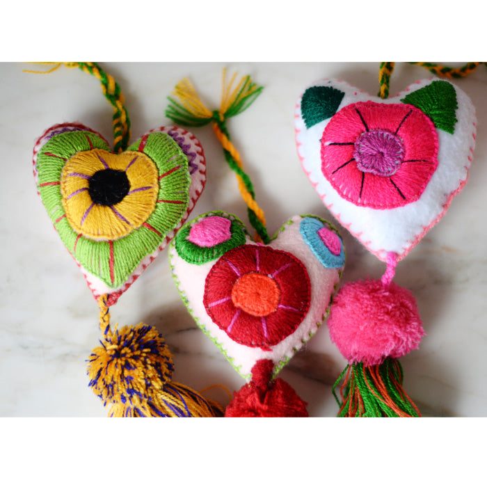 Heart - Large Mexican Ornament Felt Chiapas Handmade Flower Embroidered Colorful - The Little Pueblo
