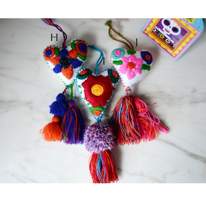 Heart - Large Mexican Ornament Felt Chiapas Handmade Flower Embroidered Colorful - The Little Pueblo