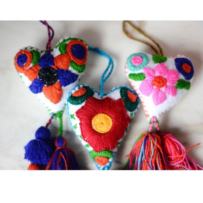 Heart - Large Mexican Ornament Felt Chiapas Handmade Flower Embroidered Colorful - The Little Pueblo