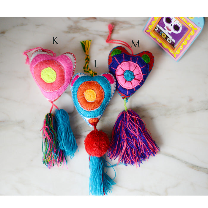 Heart - Large Mexican Ornament Felt Chiapas Handmade Flower Embroidered Colorful - The Little Pueblo