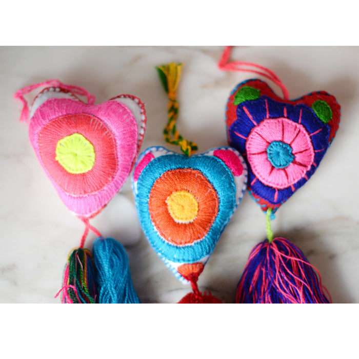 Heart - Large Mexican Ornament Felt Chiapas Handmade Flower Embroidered Colorful - The Little Pueblo