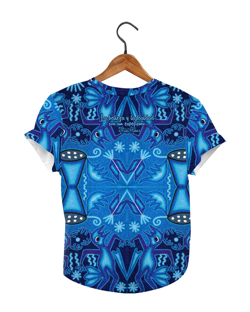 Frida Kahlo Full Print Blue Graphic Tee Floral Mexican T-Shirt