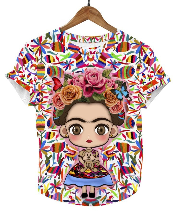 Frida Kahlo Cartoon Full Print Graphic Tee Otomi Mexican T-Shirt - The Little Pueblo