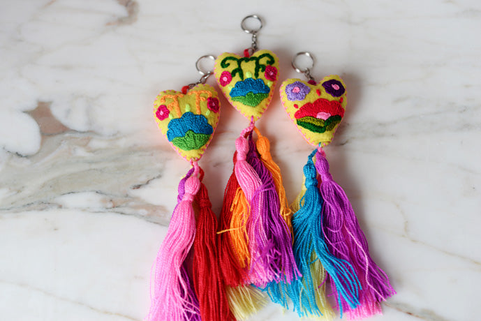 Mexican Heart Keychain with Tassels from Chiapas, Mexico - The Little Pueblo