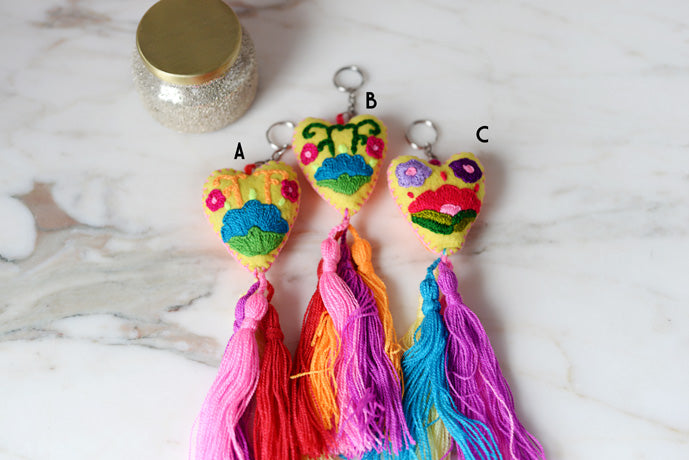 Mexican Heart Keychain with Tassels from Chiapas, Mexico - The Little Pueblo