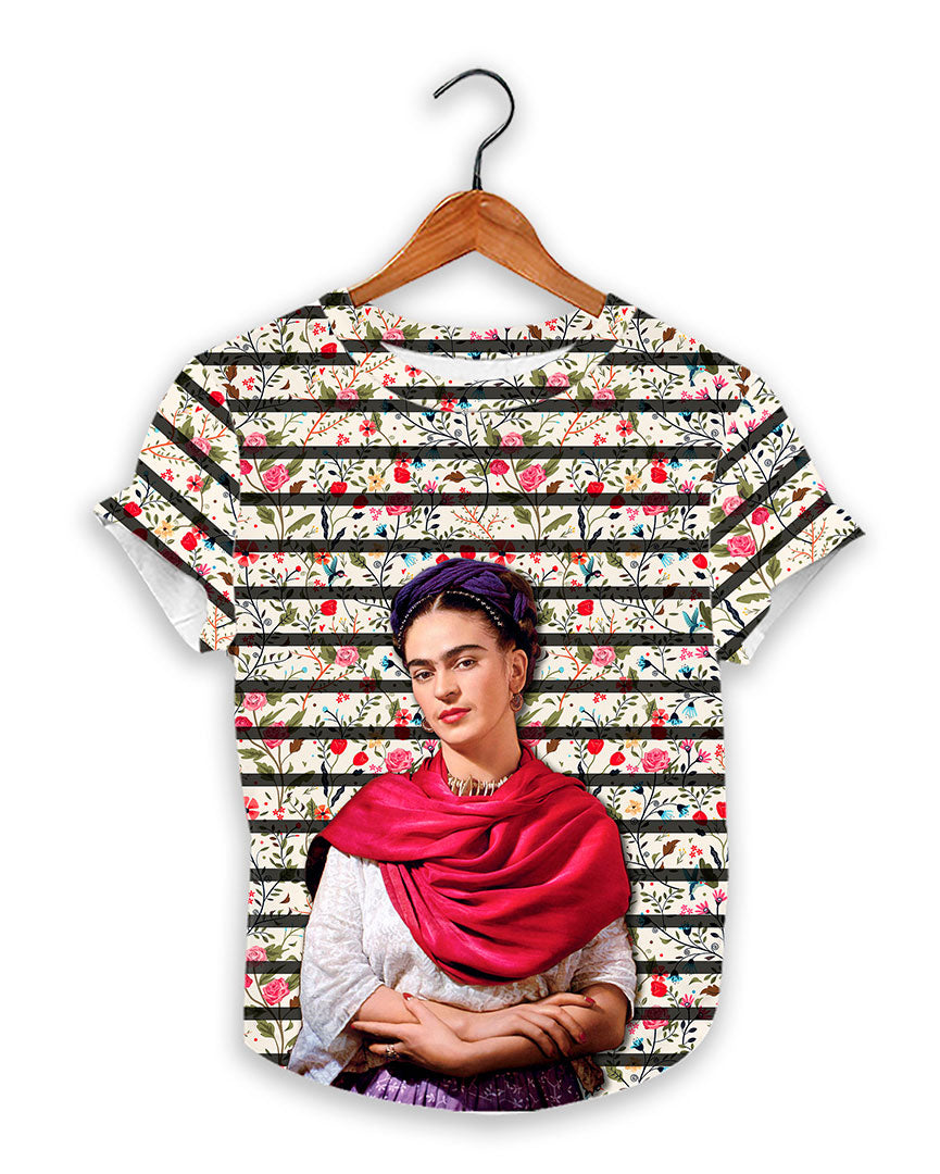 Frida Kahlo Floral Full Print Graphic Tee Mexican T-Shirt Striped